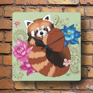 Red Panda Lotus Flowers Henna Fyrkantig Klocka
