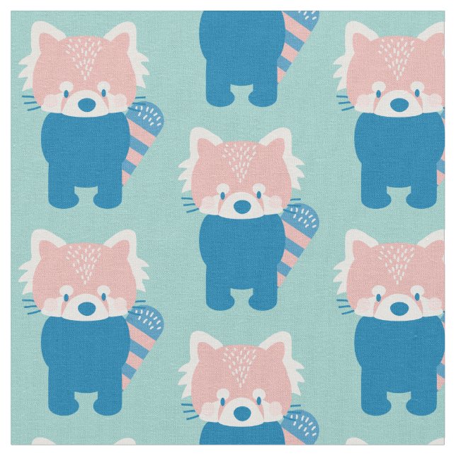 Red Panda Mönster Light Teal Blue Tyg (Närbild)