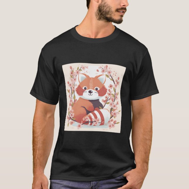 Red Panda och Cherry Blommar Doodle Sweet Illustra T Shirt (Framsida)