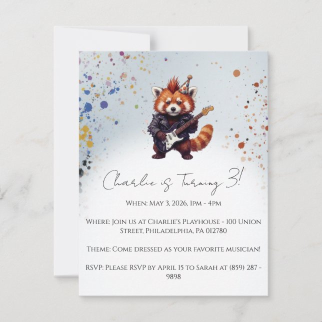 Red Panda Rocker Birthday Invitation (Framsida)