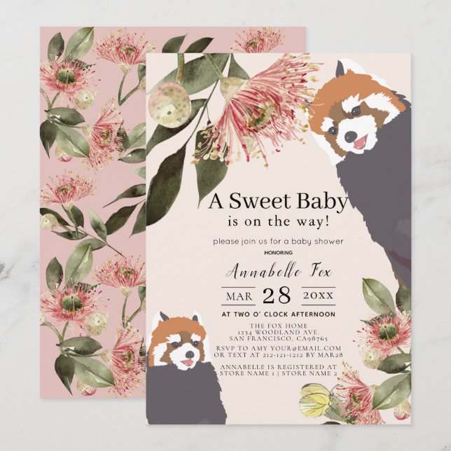 Red Panda Rosa Blommigt Girl Baby Shower Inbjudningar (Fram/baksida)