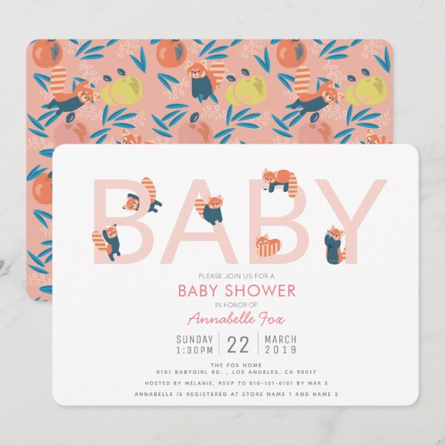 Red Panda Rosa Girl Baby Shower-inbjudan Inbjudningar (Fram/baksida)
