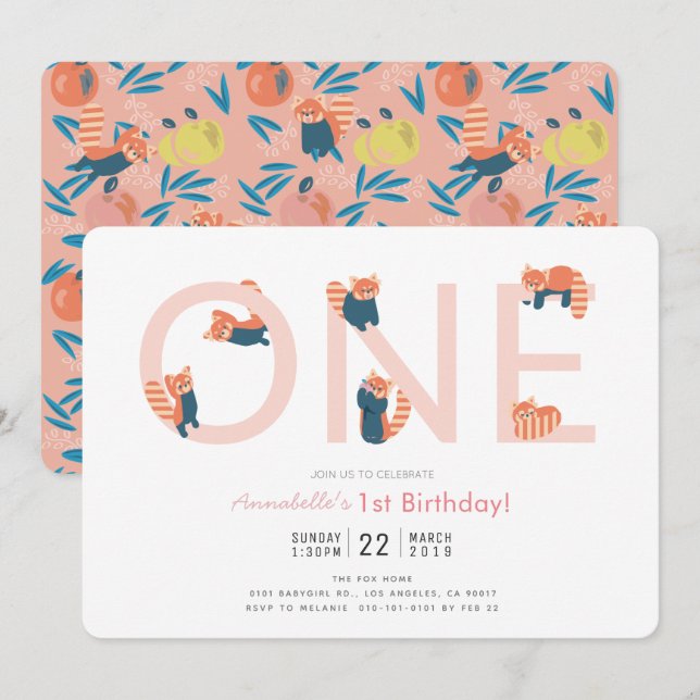 Red Panda Rosa Girl Girl 1:a födelsedagsinbjudan Inbjudningar (Fram/baksida)