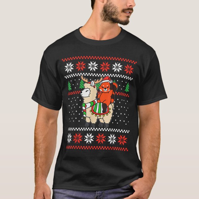 Red Panda Ugly Christmas Sweater Reindeer Llama Ri T Shirt (Framsida)