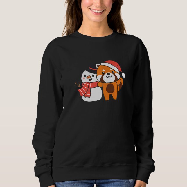 Red Panda With Snowman In Winter For Christmas   T Shirt (Framsida)