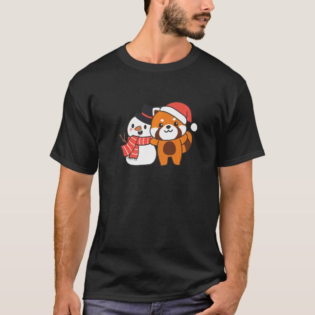 Red Panda With Snowman In Winter For Christmas   T Shirt (Framsida)