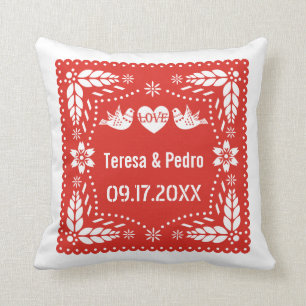 Red papel picado love birds bröllop fiesta kudde