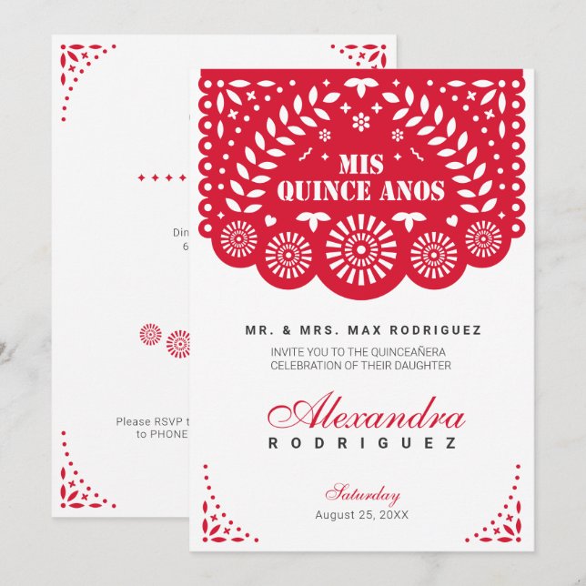 Red Papel Picado Mis Quince Años Inbjudningar (Fram/baksida)