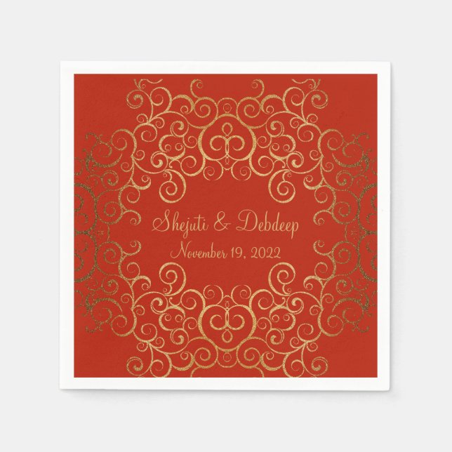 Red Paper Napkins with Elegant Swirls Pappersservett (Framsidan)