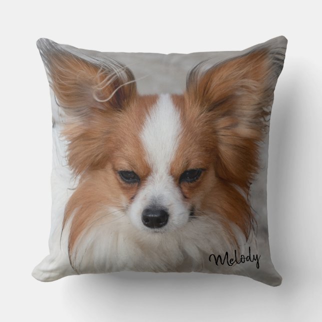 Red Papillon Hund Pet Photo Personlig Pet Namn Kudde (Framsida)