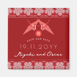 Red Papper Crane Sakura Asian Bröllop spara datum Magnet