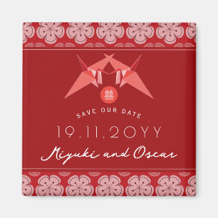 Red Papper Crane Sakura Asian Bröllop spara datum Magnet