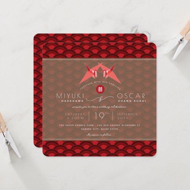 Red Pappra Cranes Red Scallop Mönster Asian Bröllo Inbjudningar (Fram/Back In Situ)