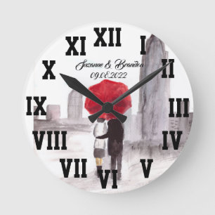 Red paraply Kärlek par Roman Numbers Bröllop Rou Rund Klocka