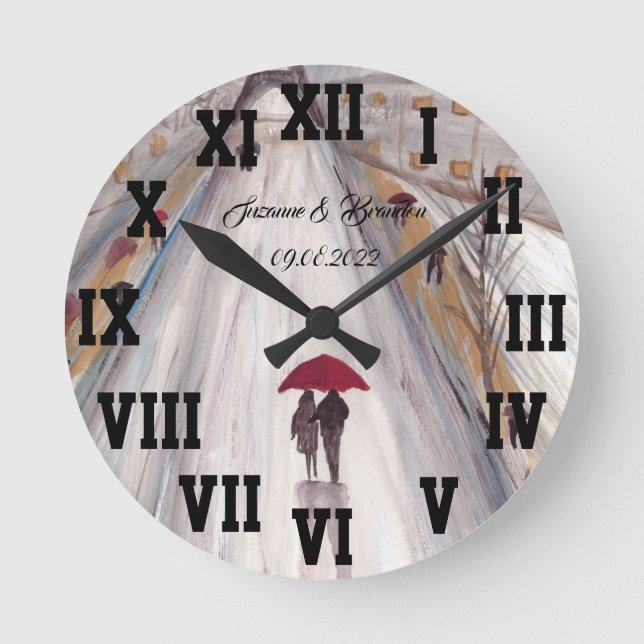 Red paraply Kärlek par Roman Numbers Bröllop Rou Rund Klocka (Framsida)