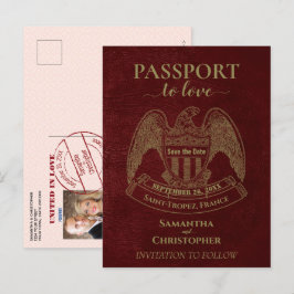 Red Passport Cute Roligt Bröllop spara datum Meddelande Vykort