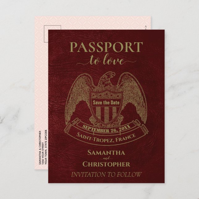 Red Passport Cute Roligt Bröllop spara datum Meddelande Vykort (Fram/baksida)