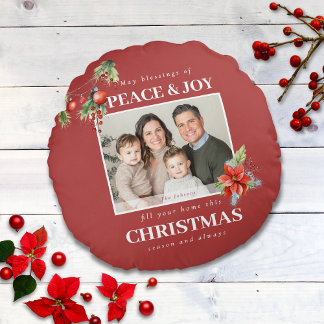Red Peace and Joy Photo Christmas Rund Kudde