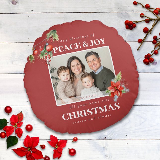 Red Peace and Joy Photo Christmas Rund Kudde (Skapare uppladdad)