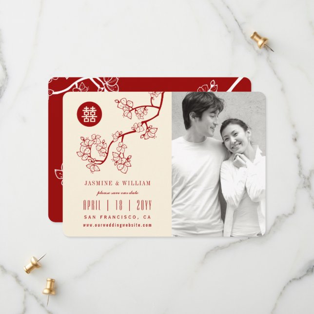 Red Peach Blommars Chinese Dubbla Happto Photo Spara Datumet (Fram/Back In Situ)