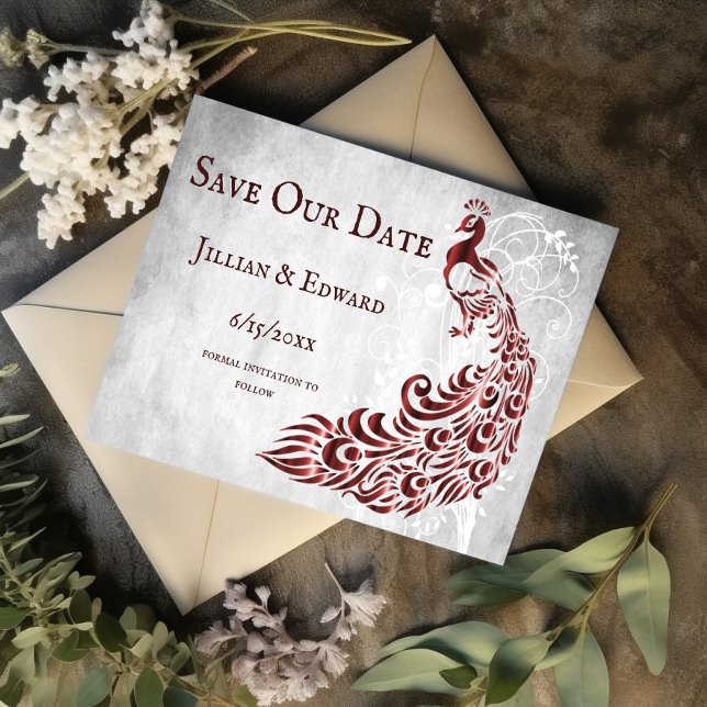Red Peacock Löv Vine Spara datum meddelande (Red Peacock Leaf Vine Save the Date)
