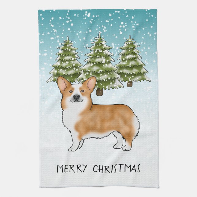 Red Pembroke Welsh Corgi Blue Winter jul Kökshandduk (Vertikal)