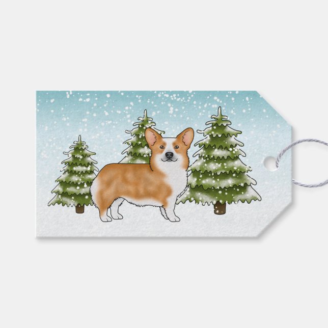 Red Pembroke Welsh Corgi Hund Blue Snowy jul Presentetikett (Framsidan (Horisontell))