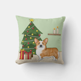Red Pembroke Welsh Corgi Hund och Julgran Kudde