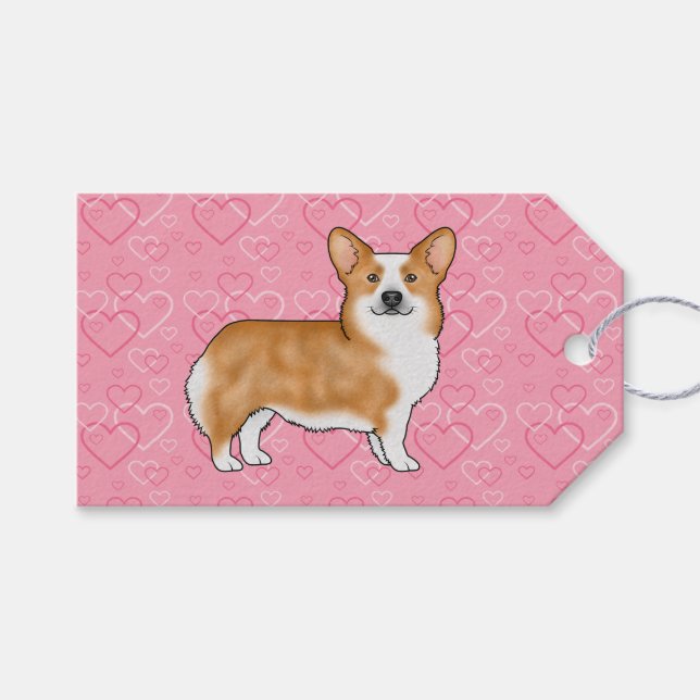 Red Pembroke Welsh Corgi Kärlek Heart Mönster Rosa Presentetikett (Framsidan (Horisontell))