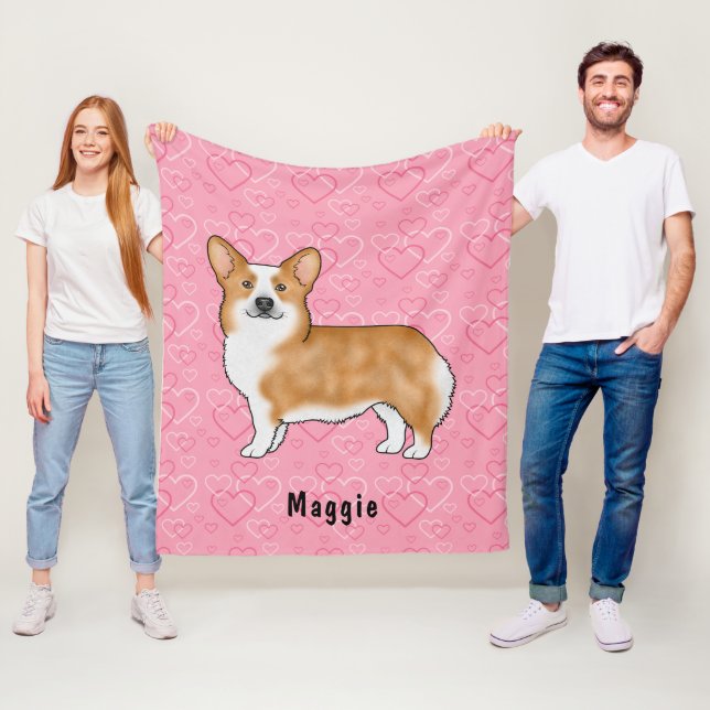 Red Pembroke Welsh Corgi på Rosa Hjärtar med Namn Fleecefilt (På plats)