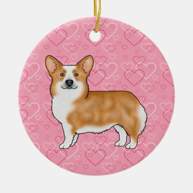 Red Pembroke Welsh Corgi på Rosa Hjärtar med Namn Julgransprydnad Keramik (Framsidan)