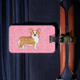 Red Pembroke Welsh Corgi på Rosa Hjärtar med text Bagagebricka