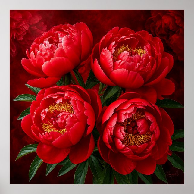 Red Peonies against a Rik Crimson Background Poster (Framsidan)