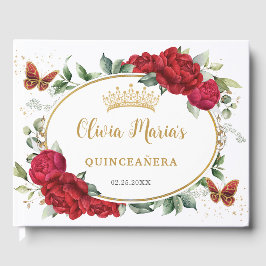 Red Peonies Blommigt Butterflies Guld Quinceanera Gästböcker