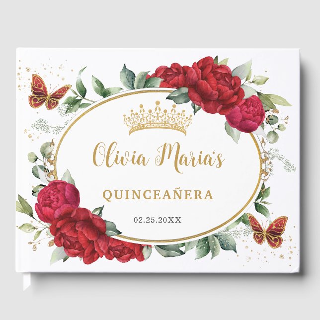 Red Peonies Blommigt Butterflies Guld Quinceanera Gästböcker (Framsida)
