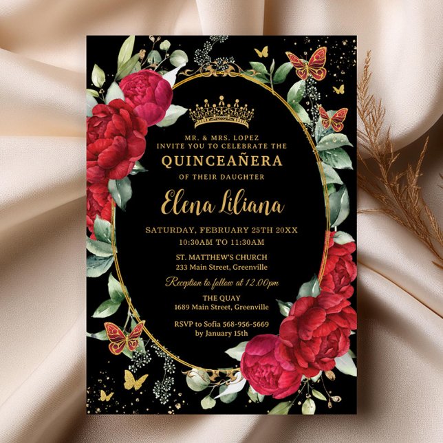 Red Peonies Blommigt Butterflies Guld Quinceañera Inbjudningar (elegant red peonies floral flowers black background gold oval frame butterflies quinceanera invites)