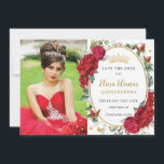 Red Peonies Blommigt Butterflies Quinceañera Photo Spara Datumet<br><div class="desc">Anpassa den här boho chic Red blommigt Quinceañera / Sweet 16-födelsedagsfoto spara datumet enkelt och snabbt. Klicka bara på knappen Anpassa den ytterligare för att redigera texterna, ändra typsnitt och typsnitt färg. Den har högljudda blommor med vattenfärg, en guld prinsessa krona och rödfjärilar och guld. Matchande artiklar tillgängliga i arkivet....</div>