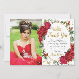 Red Peonies Blommigt Butterflies Quinceañera Photo Tack Kort