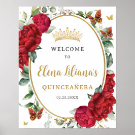 Red Peonies Blommigt Butterflies Quinceañera Välko Poster
