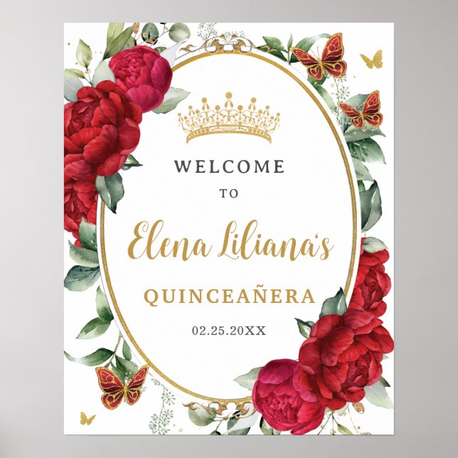 Red Peonies Blommigt Butterflies Quinceañera Välko Poster (Framsidan)