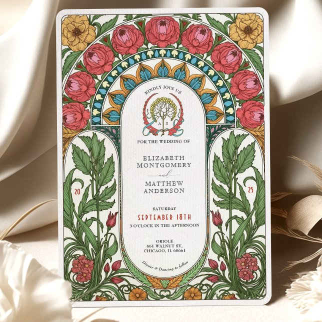 Red Peonies & Gul ros Art nouveau Bröllop Inbjudningar (Skapare uppladdad)