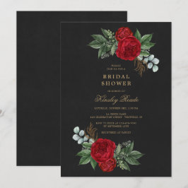 Red Peonies Watercolor Black Guld Möhippa Inbjudningar