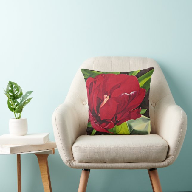 Red Peony-blomma med grönt löv, kvadrat Kudde (Stol)