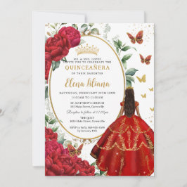 Red Peony Blommigt Brown Princess Dress Quinceañer Inbjudningar