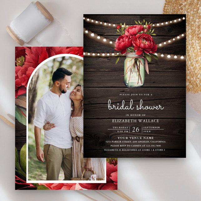 Red Peony Blommigt Mason Burk Barn Wood Möhippa Inbjudningar (Skapare uppladdad)