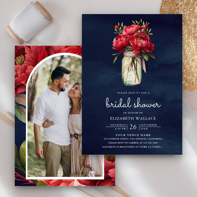 Red Peony Blommigt Mason Burk Navy Blue Möhippa Inbjudningar (Skapare uppladdad)