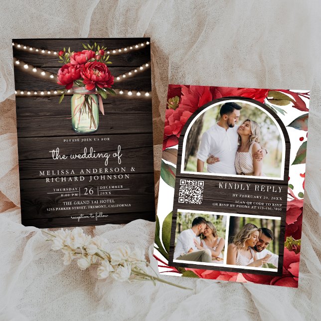 Red Peony Blommigt Mason Burk QR Code Wood Bröllop Inbjudningar (Skapare uppladdad)