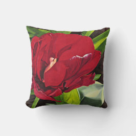 Red Peony blommigt med grönt löv Kudde