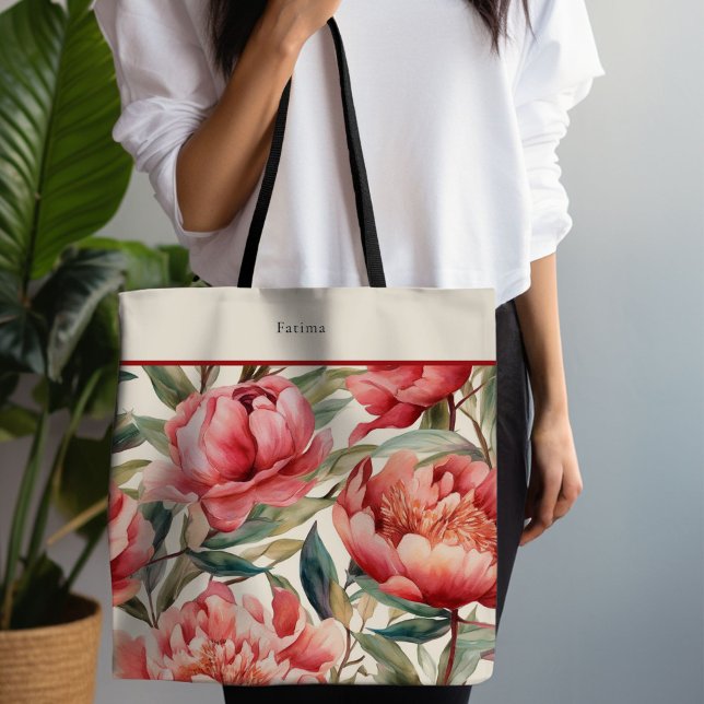Red Peony Bold Blommigt Tygkasse (Red Peony Tote)