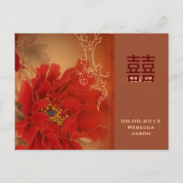 Red Peony Dubbla Happiness China bröllop OSA Inbjudan Vykort